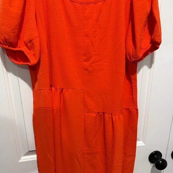 NEW Nina Leonard Vibrant Orange Puff Sleeve Midi Dress - Picture 3 of 6